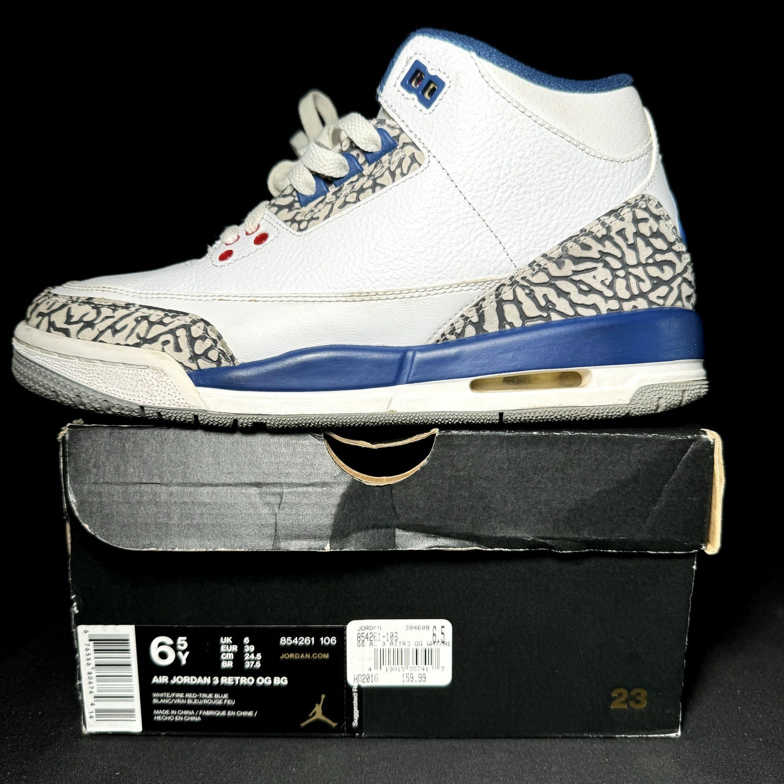 Air Jordan 3 Retro OG BG True Blue 2016 Kids Shoes - Size 6.5