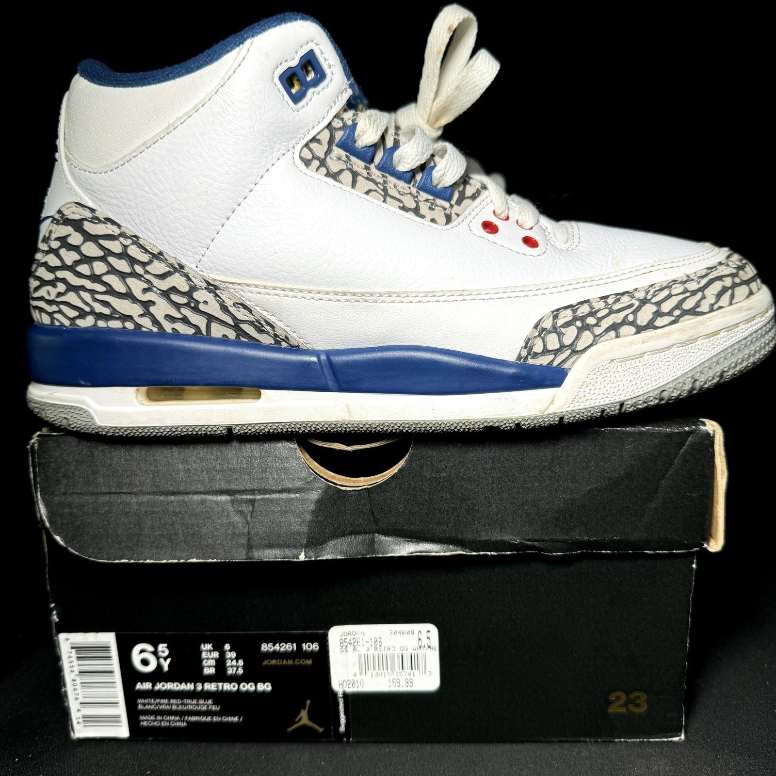 Air Jordan 3 Retro OG BG True Blue 2016 Kids Shoes - Size 6.5