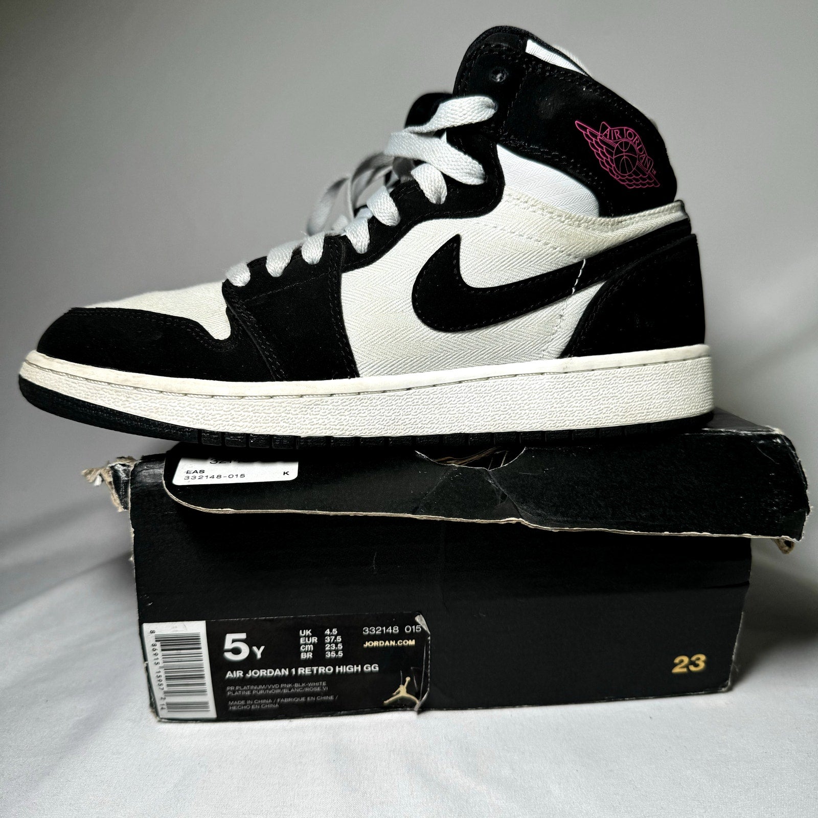 Air Jordan 1 Retro High GS Pure Platinum Black Pink Kids Shoes - Size 5