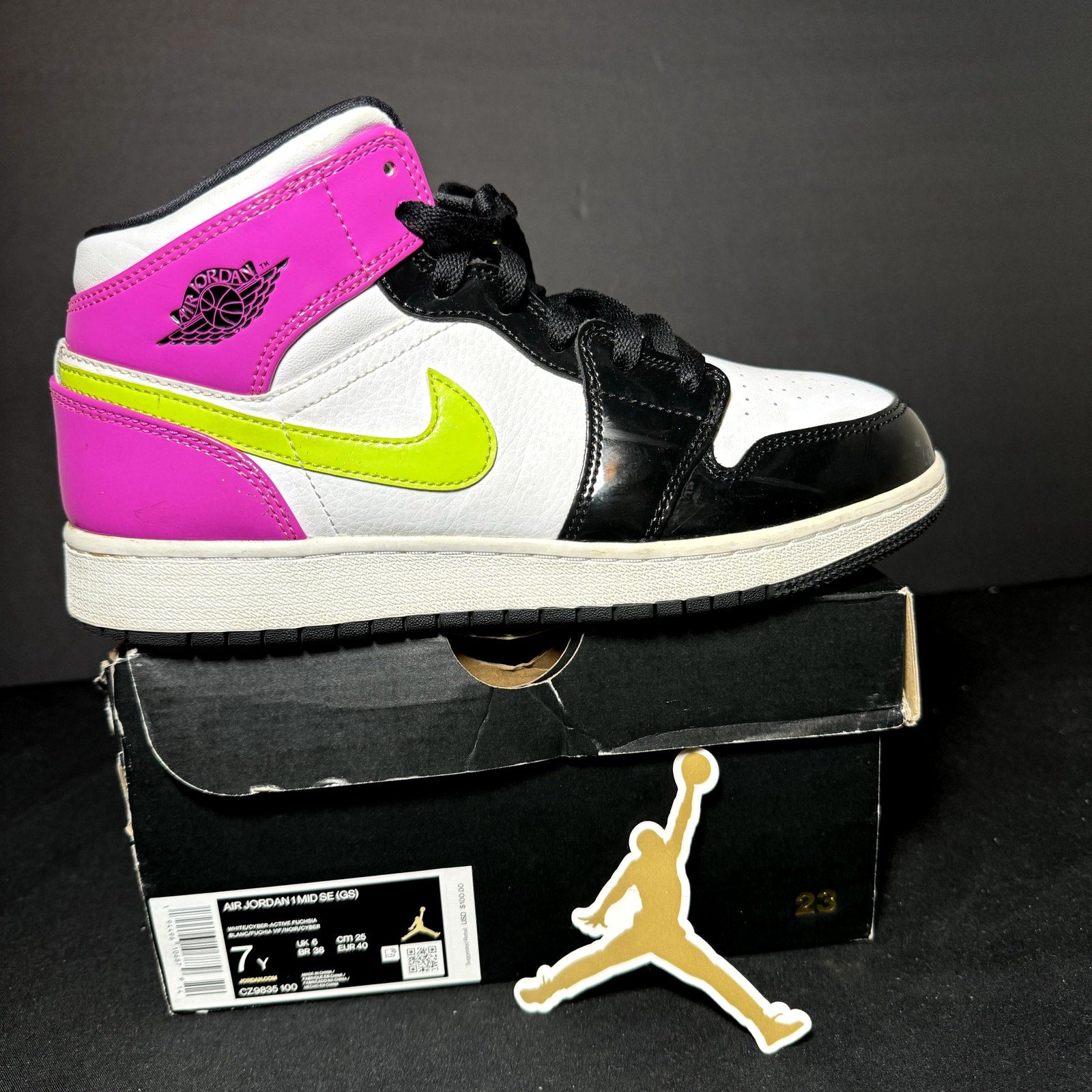 Air Jordan 1 Mid SE GS Cyber Active Fuchsia Kids Shoes - Size 7